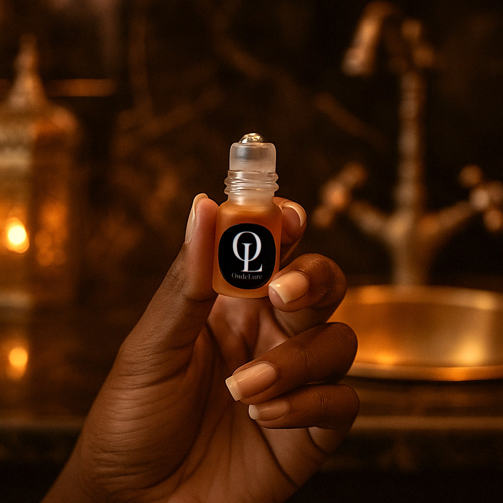 holding 2ml oud oil perfume in the bathroom