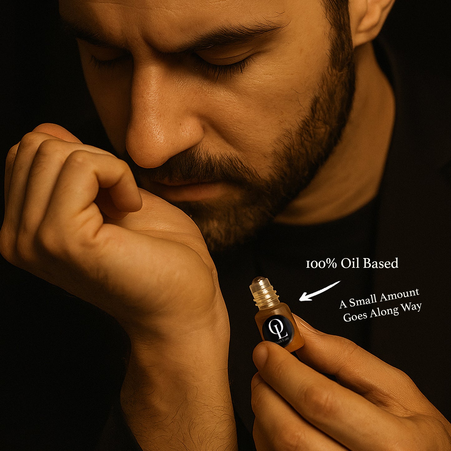 Man applying a small bottle of oud oil to his wrist with text indicating '100% Oil Based' and 'A Small Amount Goes Along Way' unisex