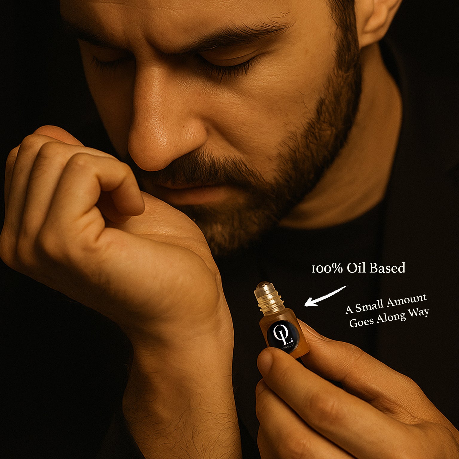 Man applying a small bottle of oud oil to his wrist with text indicating '100% Oil Based' and 'A Small Amount Goes Along Way' unisex