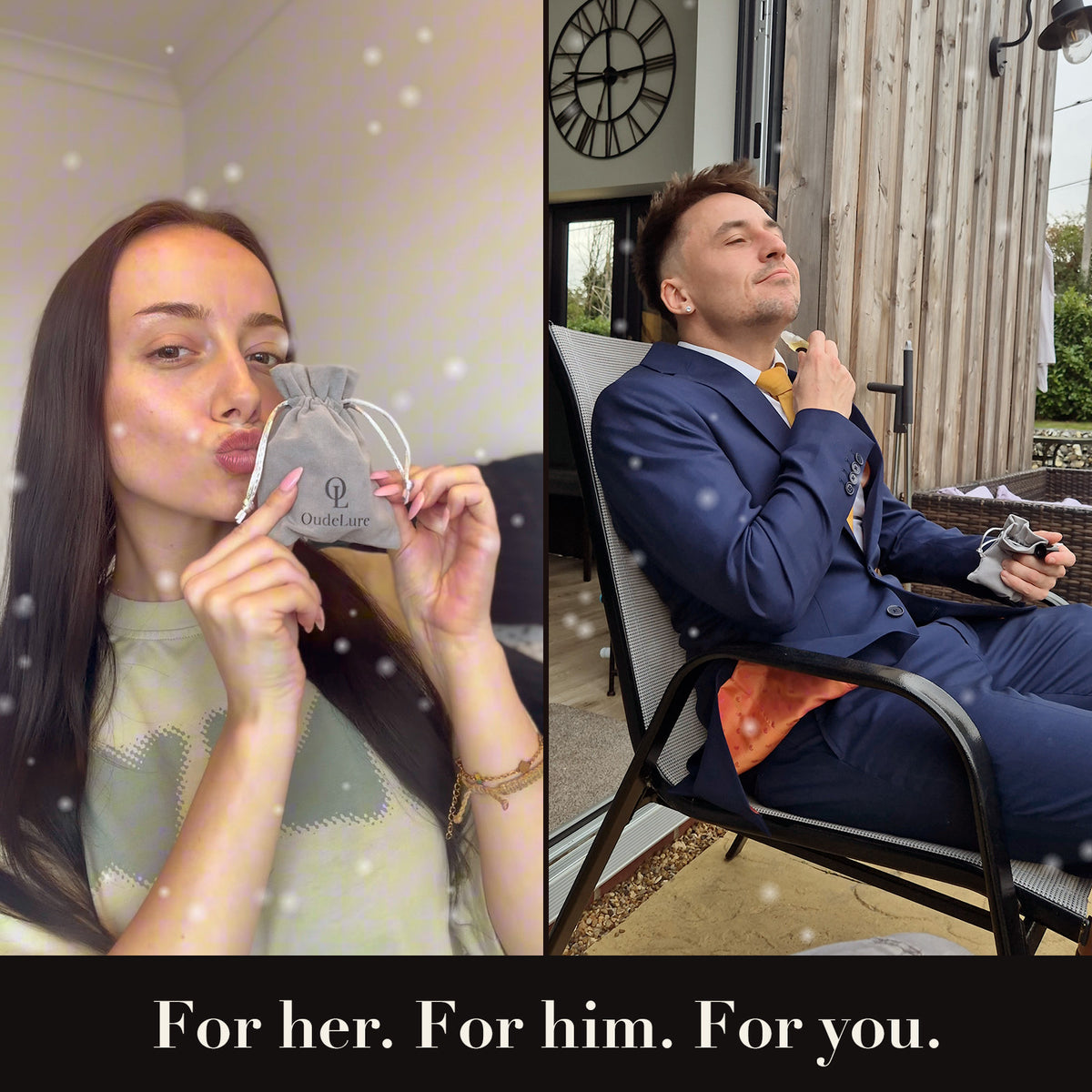 Unisex oud gift: a woman with the velvet pouch and a man applying oud oil