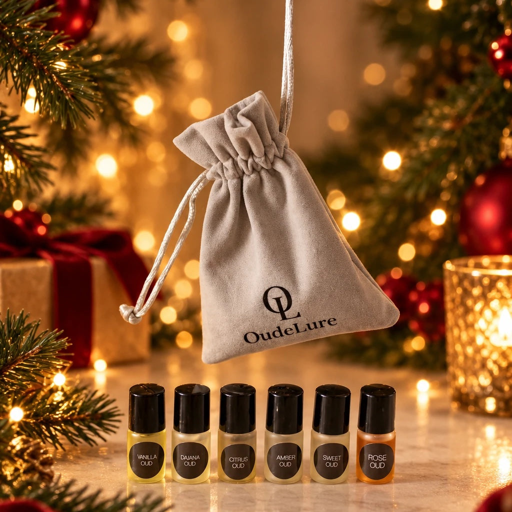OudeLure velvet gift pouch above six oud oil minis with Christmas lights