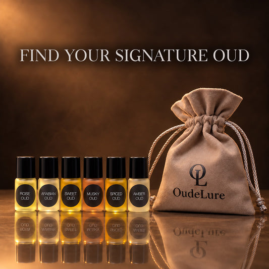 OudeLure Discovery Set: Rose, Arabian, Sweet, Musky, Spiced and Amber Oud 2ml perfume oils with velvet pouch